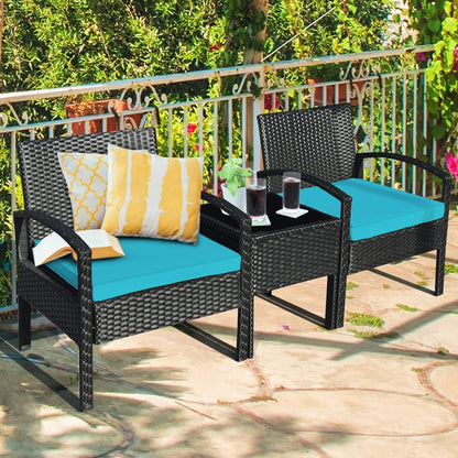 3 Pieces Outdoor Rattan Patio Conversation Set with Seat Cushions, Turquoise Patio Conversation Sets   at Gallery Canada