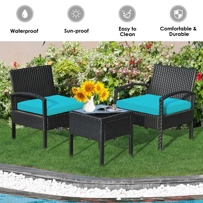 3 Pieces Outdoor Rattan Patio Conversation Set with Seat Cushions, Turquoise Patio Conversation Sets   at Gallery Canada