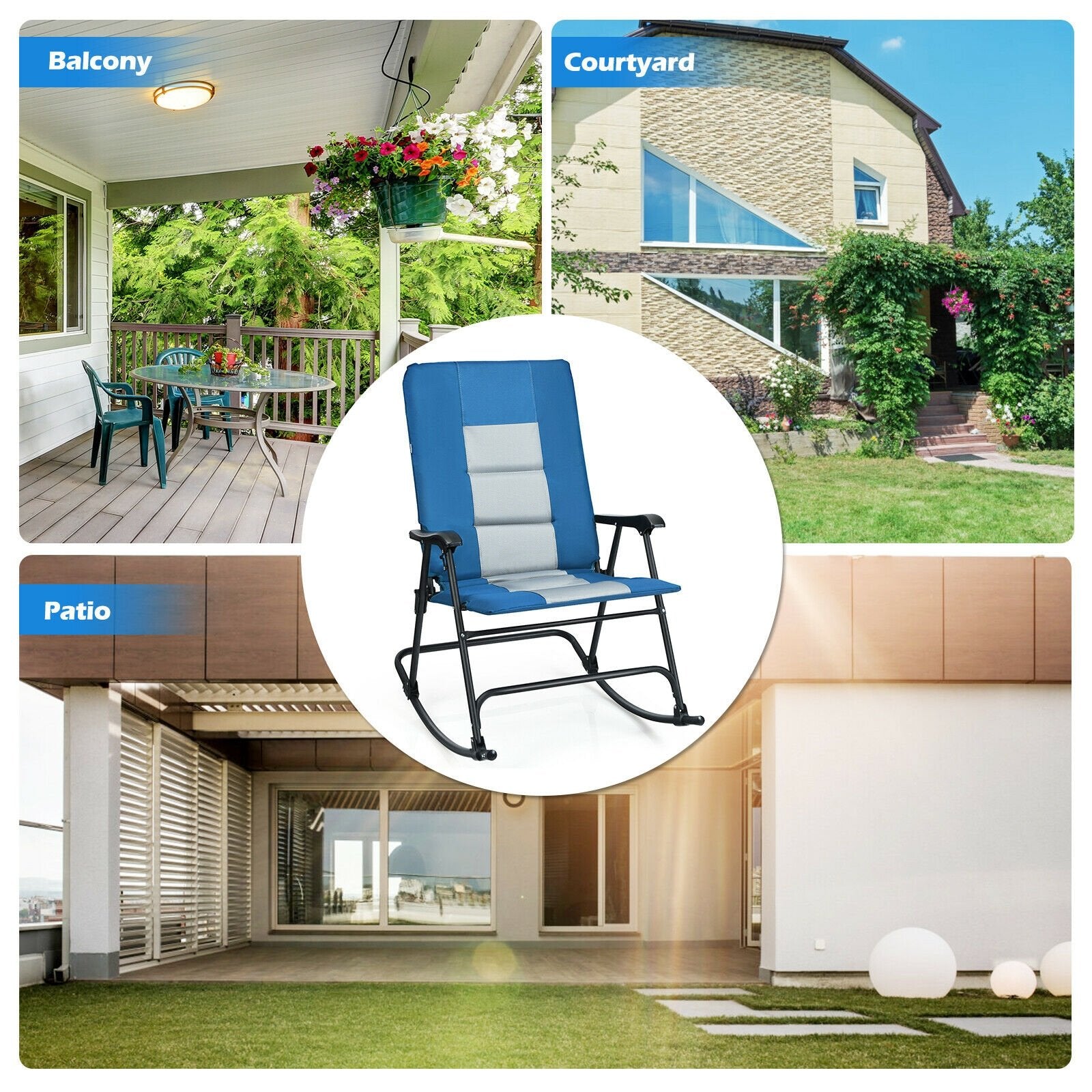 Foldable Rocking Padded Portable Camping Chair with Backrest and Armrest, Blue Patio Rocking Chairs & Gliders   at Gallery Canada