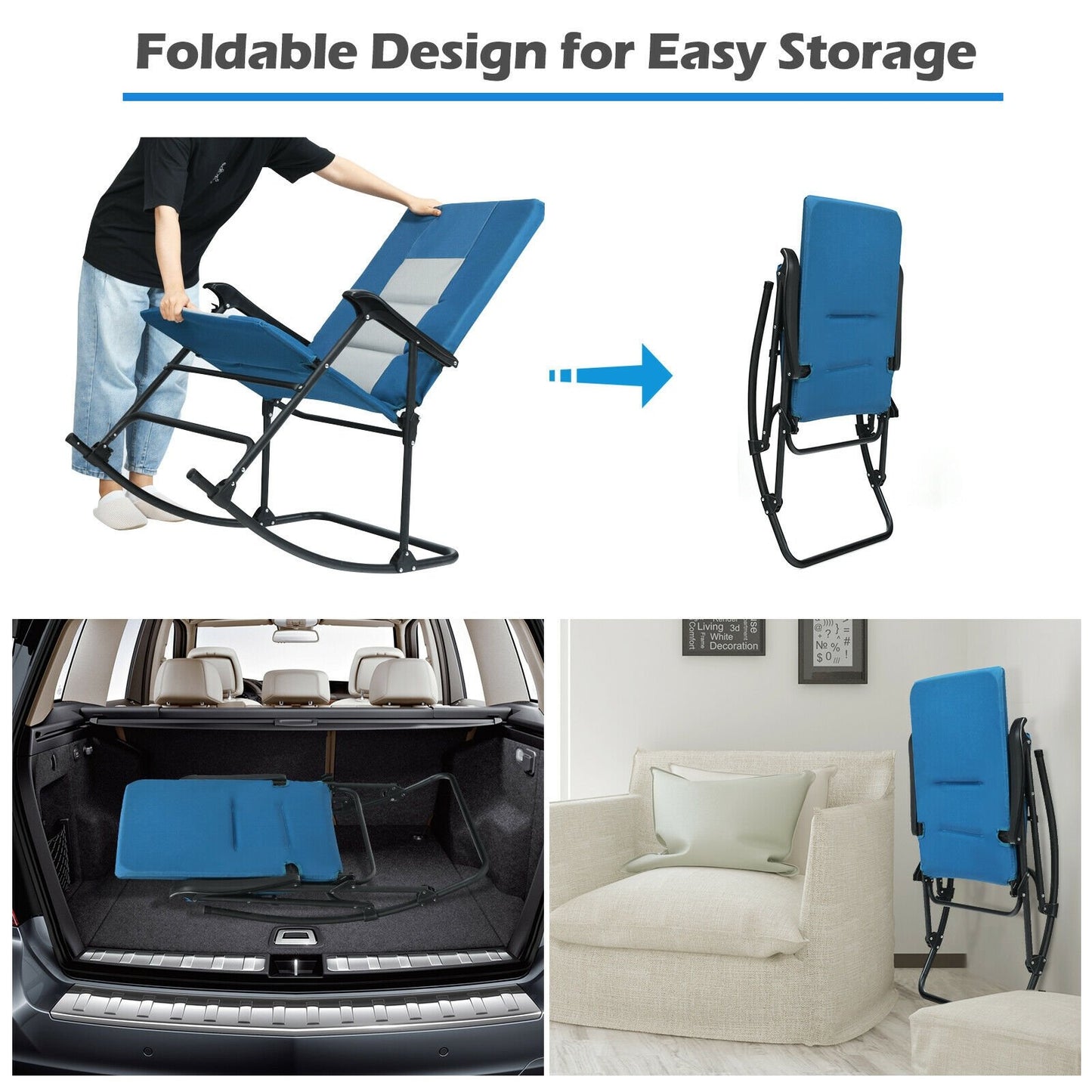 Foldable Rocking Padded Portable Camping Chair with Backrest and Armrest, Blue Patio Rocking Chairs & Gliders   at Gallery Canada