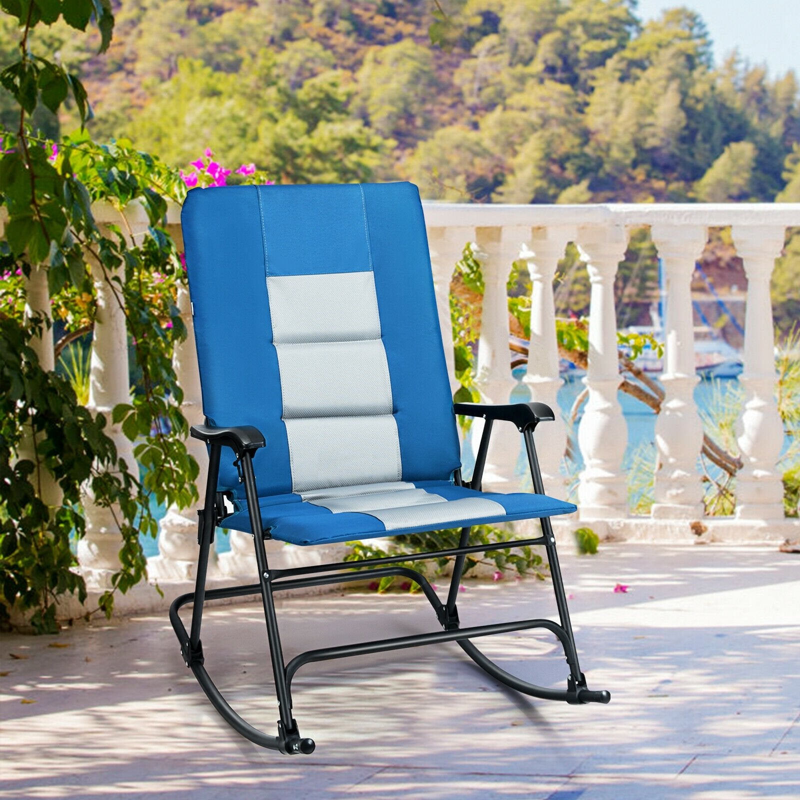 Foldable Rocking Padded Portable Camping Chair with Backrest and Armrest, Blue Patio Rocking Chairs & Gliders   at Gallery Canada