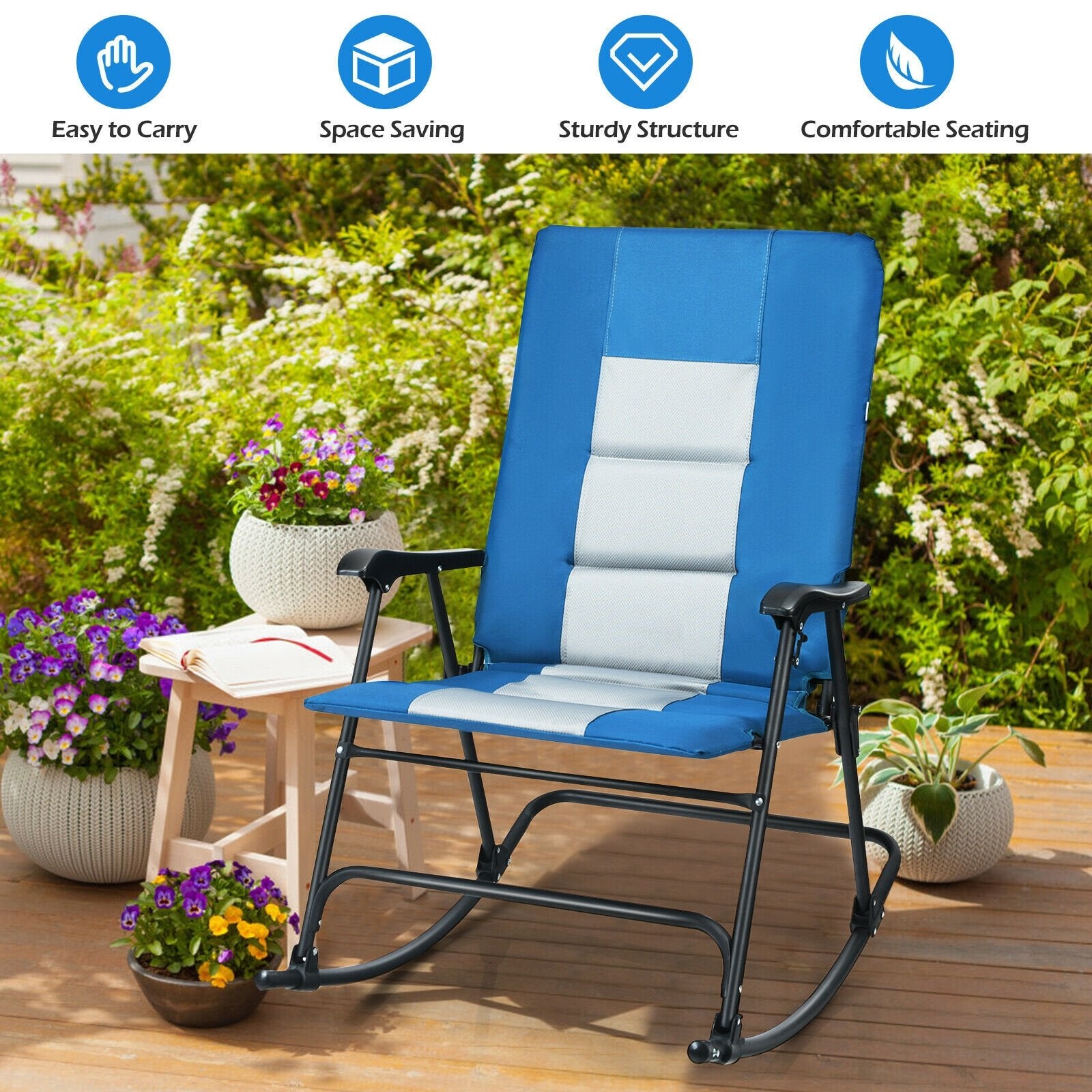 Foldable Rocking Padded Portable Camping Chair with Backrest and Armrest, Blue Patio Rocking Chairs & Gliders   at Gallery Canada