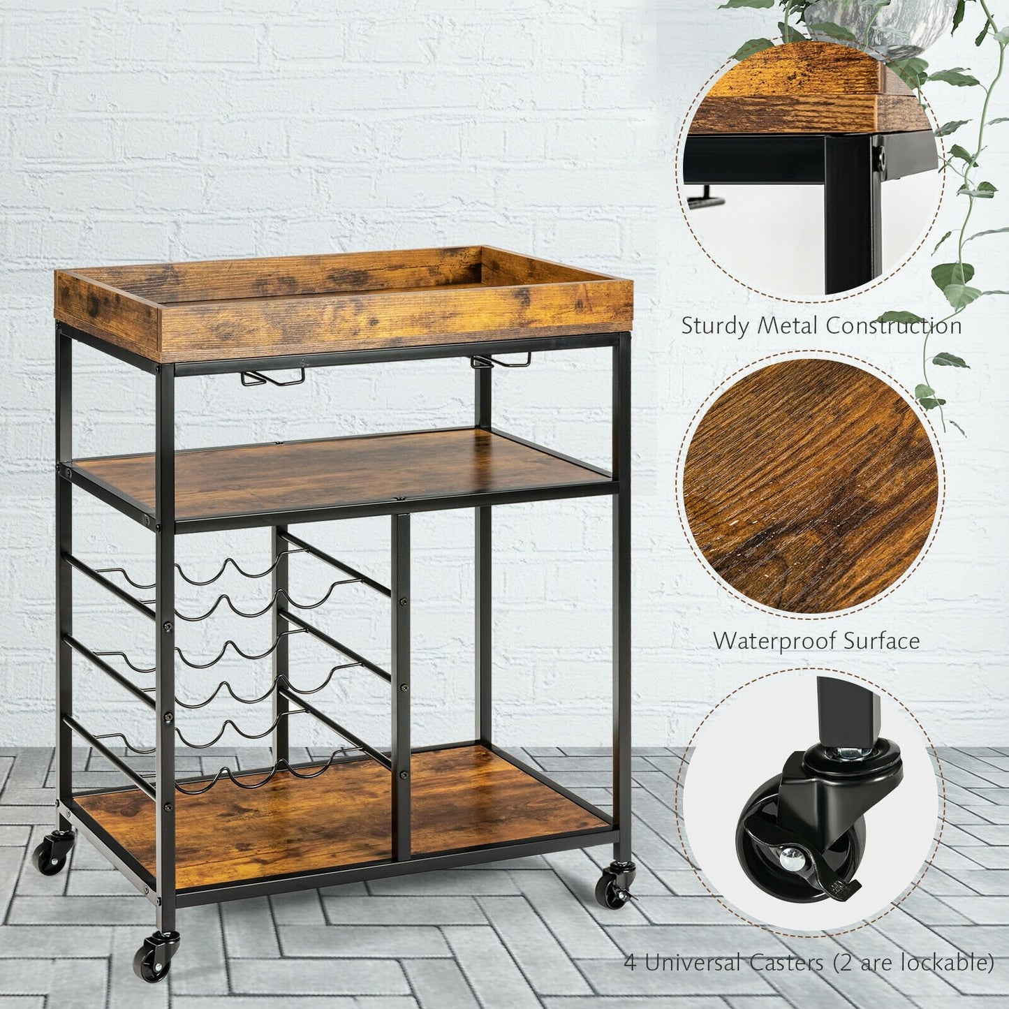 3-Tier Wood Rolling Kitchen Serving Cart with 9 Wine Bottles Rack Metal Frame, Rustic Brown Baker's Racks   at Gallery Canada