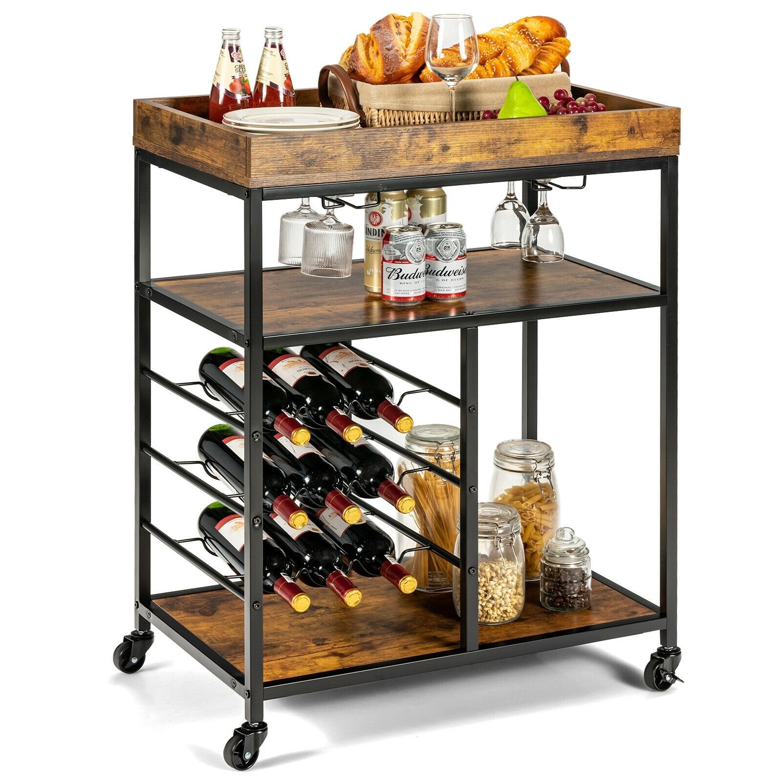 3-Tier Wood Rolling Kitchen Serving Cart with 9 Wine Bottles Rack Metal Frame, Rustic Brown Baker's Racks   at Gallery Canada