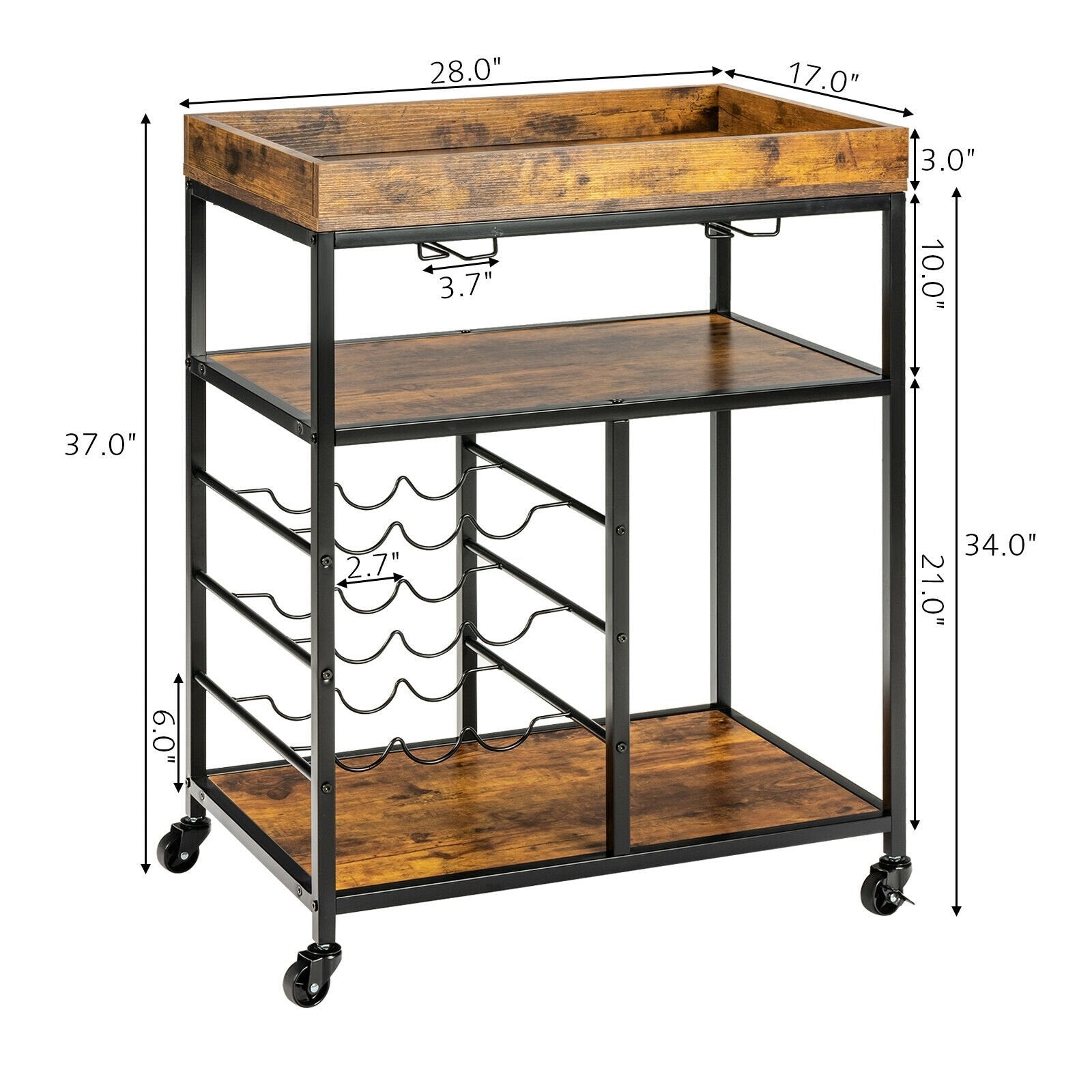 3-Tier Wood Rolling Kitchen Serving Cart with 9 Wine Bottles Rack Metal Frame, Rustic Brown Baker's Racks   at Gallery Canada