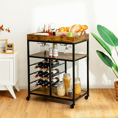 3-Tier Wood Rolling Kitchen Serving Cart with 9 Wine Bottles Rack Metal Frame, Rustic Brown Baker's Racks   at Gallery Canada