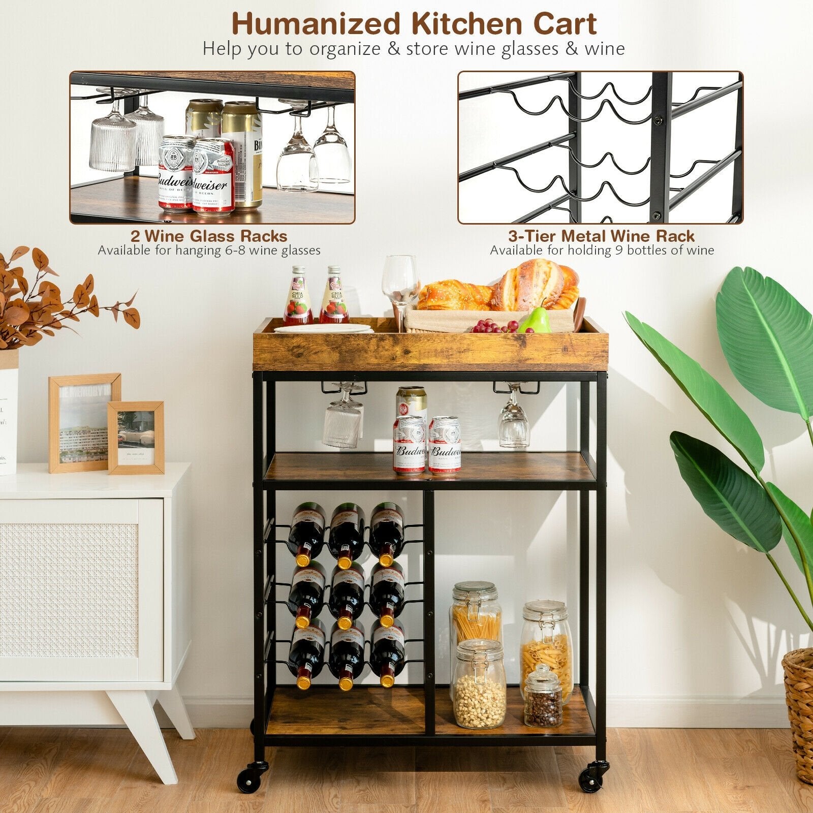 3-Tier Wood Rolling Kitchen Serving Cart with 9 Wine Bottles Rack Metal Frame, Rustic Brown Baker's Racks   at Gallery Canada