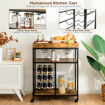 3-Tier Wood Rolling Kitchen Serving Cart with 9 Wine Bottles Rack Metal Frame, Rustic Brown Baker's Racks   at Gallery Canada