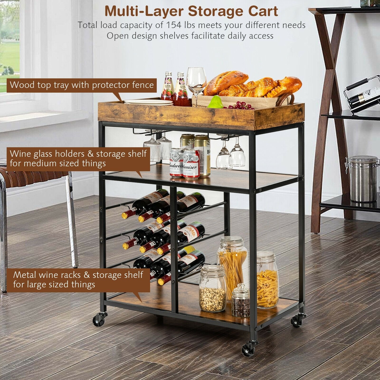 3-Tier Wood Rolling Kitchen Serving Cart with 9 Wine Bottles Rack Metal Frame, Rustic Brown Baker's Racks   at Gallery Canada