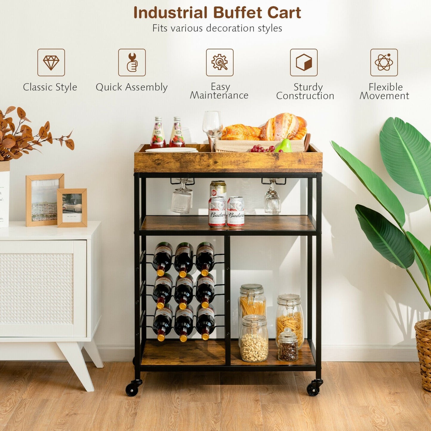 3-Tier Wood Rolling Kitchen Serving Cart with 9 Wine Bottles Rack Metal Frame, Rustic Brown Baker's Racks   at Gallery Canada