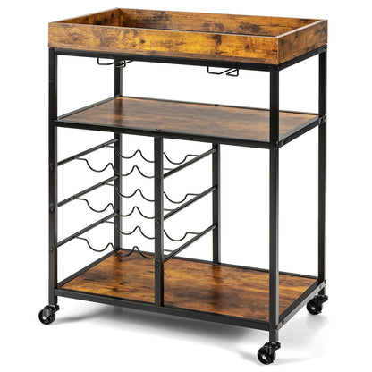 3-Tier Wood Rolling Kitchen Serving Cart with 9 Wine Bottles Rack Metal Frame, Rustic Brown Baker's Racks   at Gallery Canada