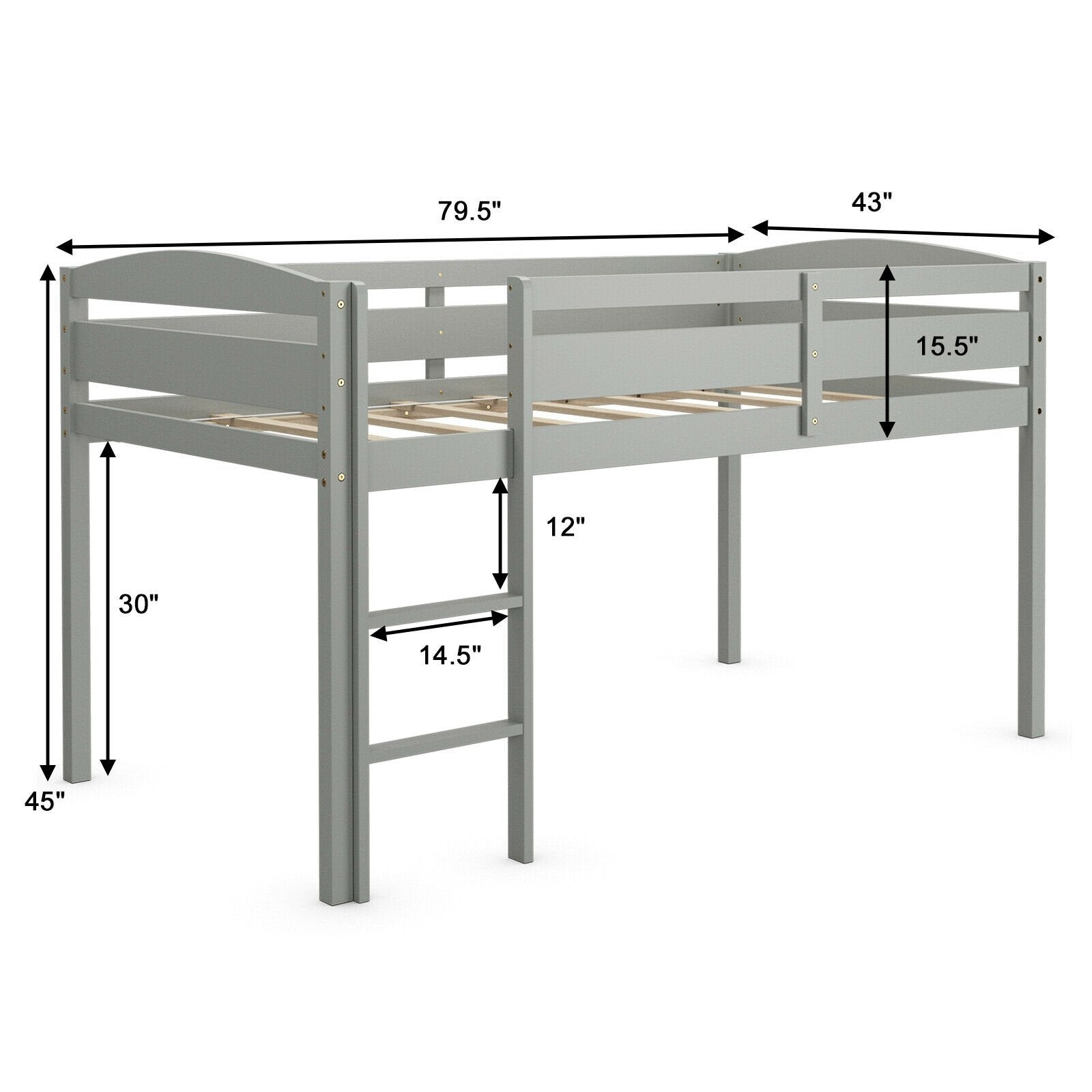 Wooden Twin Low Loft Bunk Bed with Guard Rail and Ladder, Gray - Gallery Canada