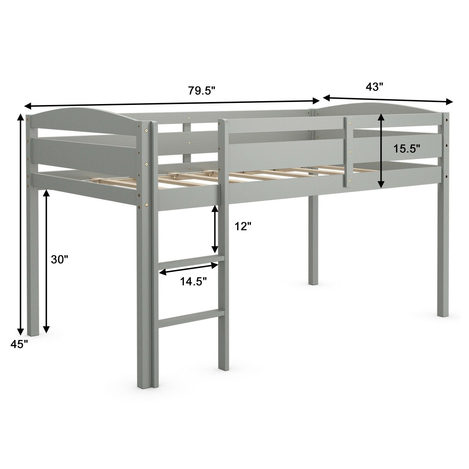 Wooden Twin Low Loft Bunk Bed with Guard Rail and Ladder, Gray Bunk Bed Frame   at Gallery Canada