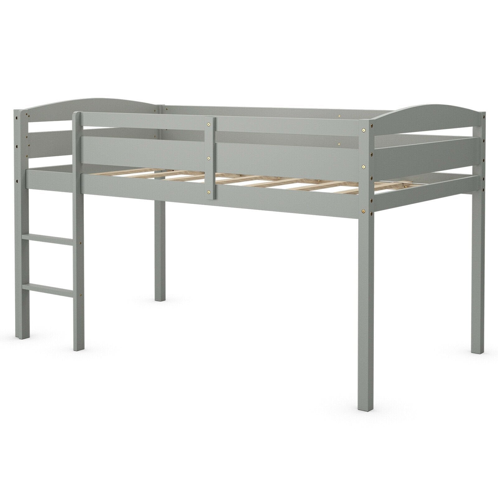 Wooden Twin Low Loft Bunk Bed with Guard Rail and Ladder, Gray Bunk Bed Frame   at Gallery Canada