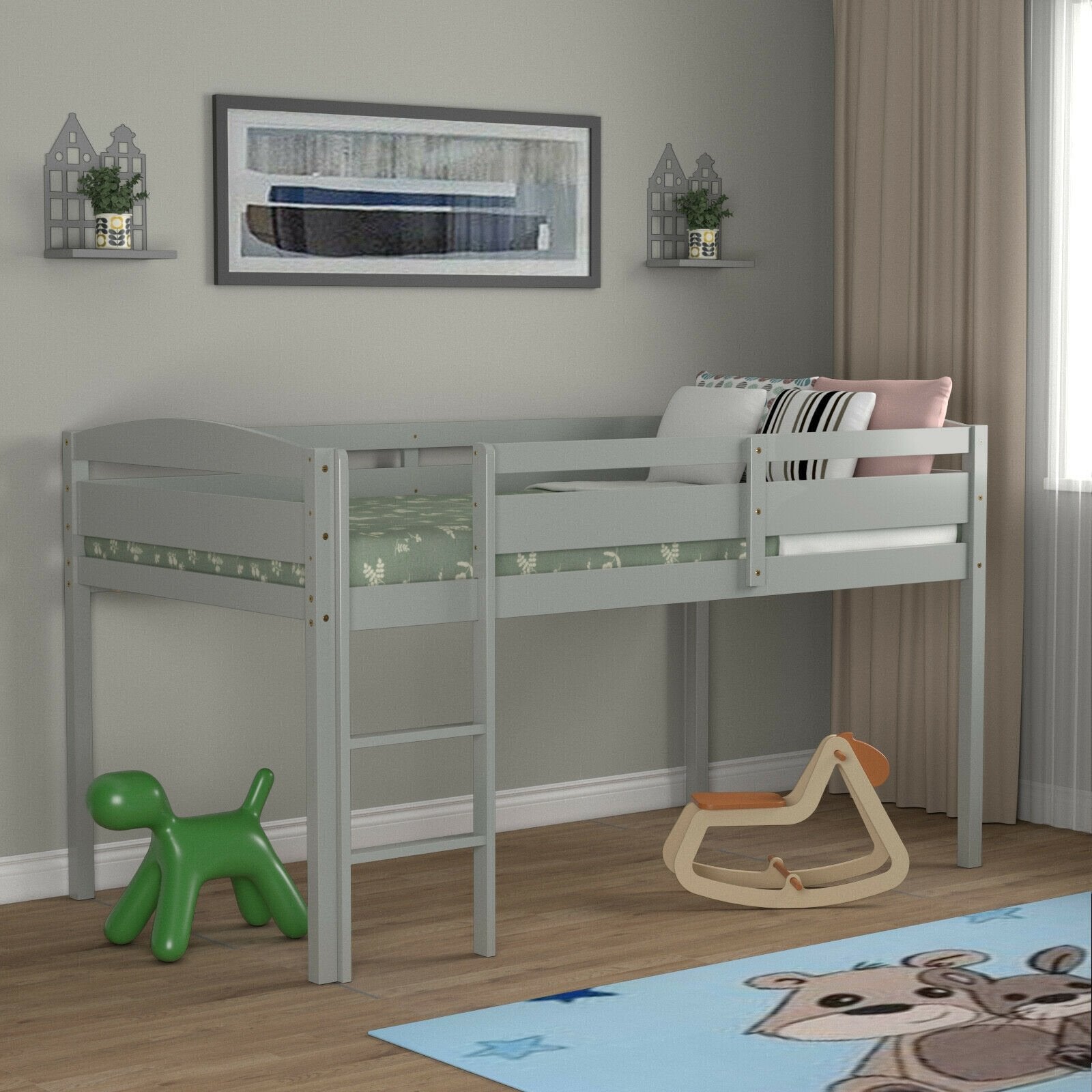 Wooden Twin Low Loft Bunk Bed with Guard Rail and Ladder, Gray Bunk Bed Frame   at Gallery Canada