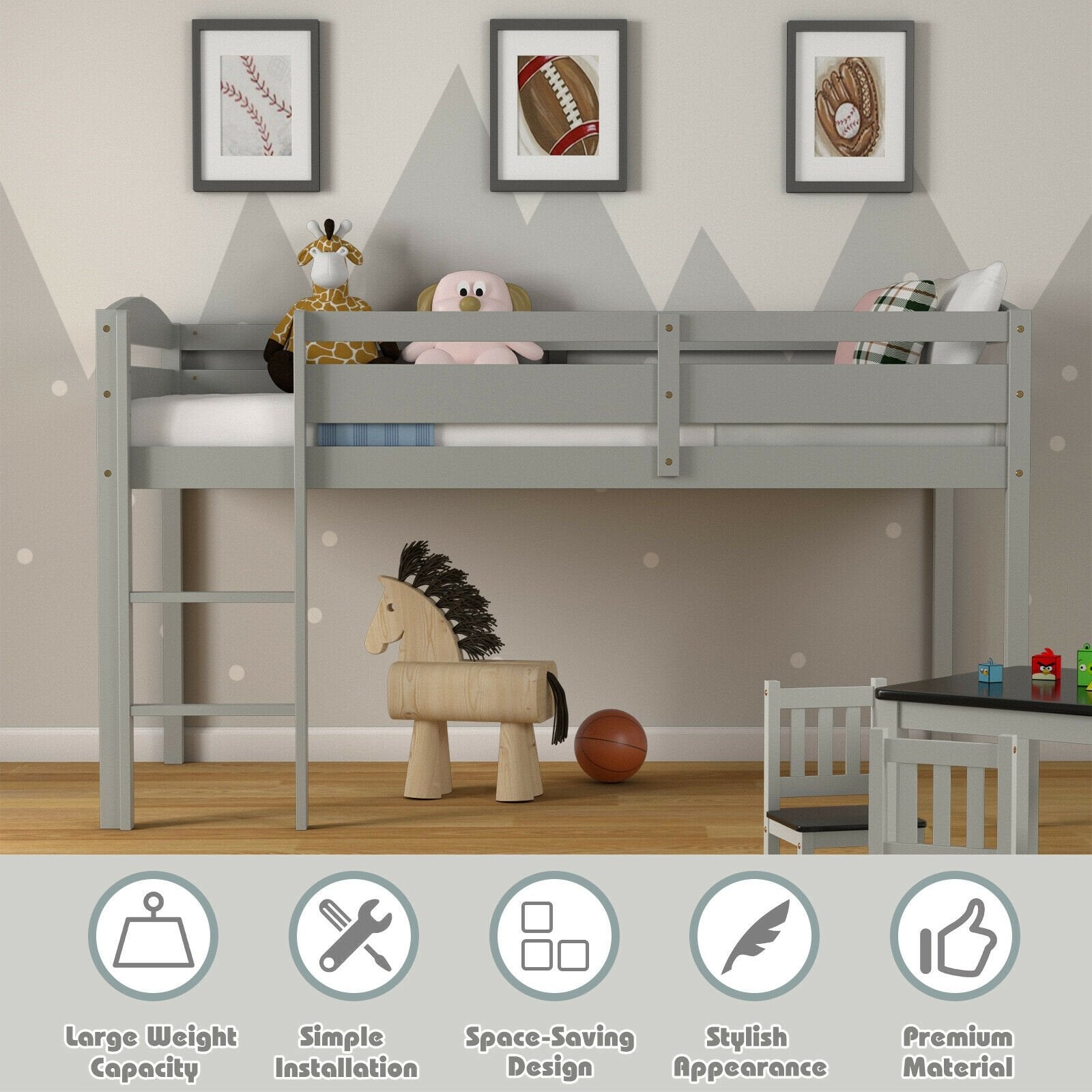 Wooden Twin Low Loft Bunk Bed with Guard Rail and Ladder, Gray Bunk Bed Frame   at Gallery Canada