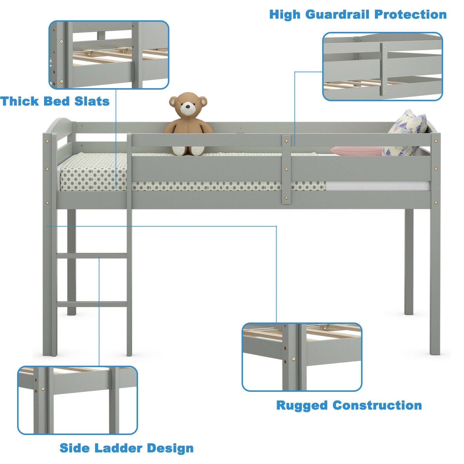 Wooden Twin Low Loft Bunk Bed with Guard Rail and Ladder, Gray Bunk Bed Frame   at Gallery Canada