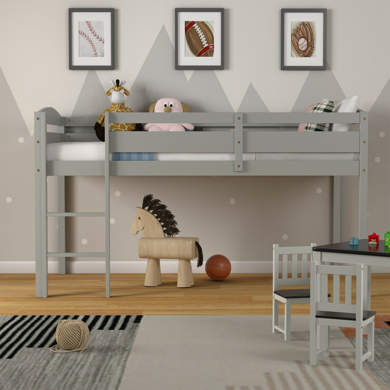 Wooden Twin Low Loft Bunk Bed with Guard Rail and Ladder, Gray Bunk Bed Frame   at Gallery Canada