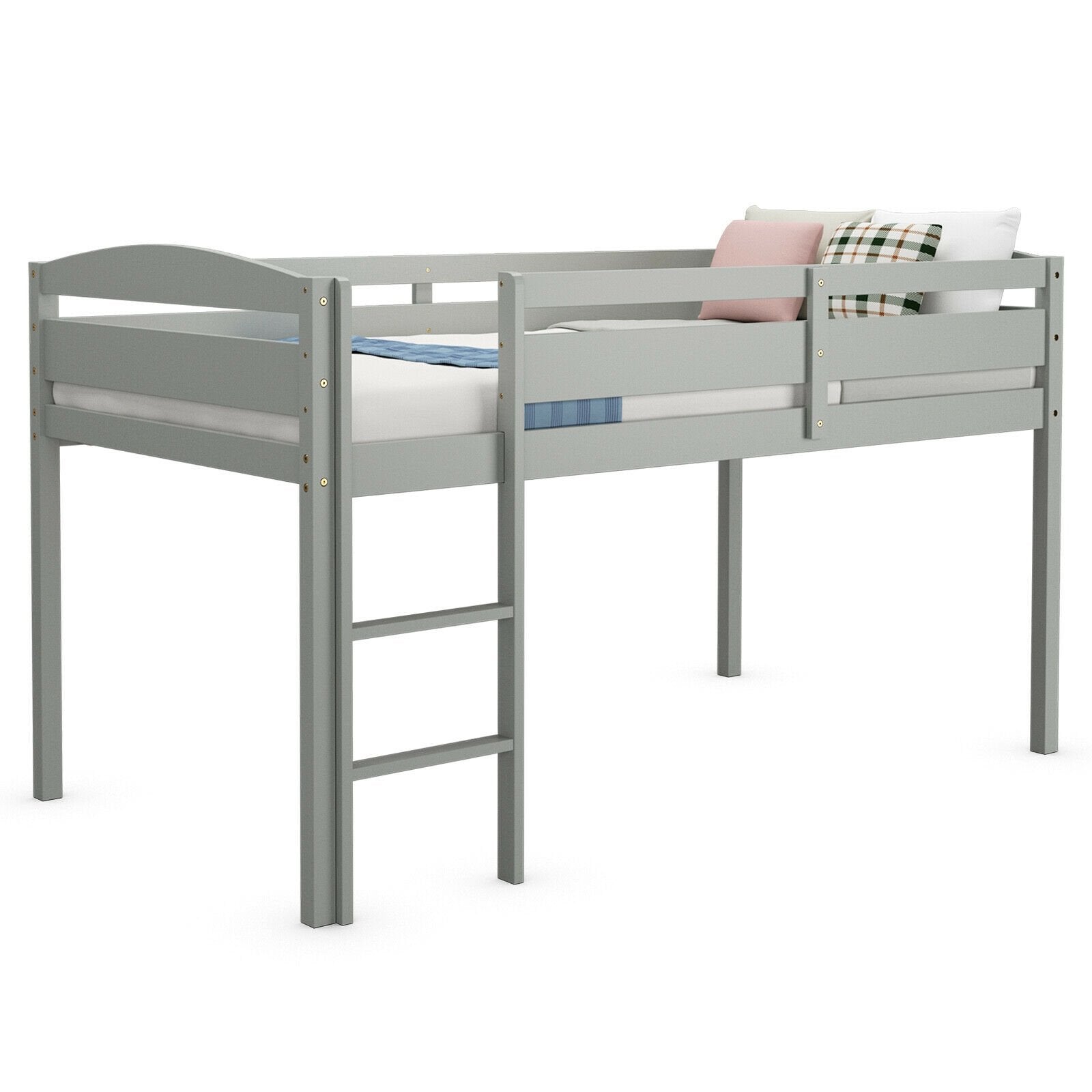 Wooden Twin Low Loft Bunk Bed with Guard Rail and Ladder, Gray Bunk Bed Frame   at Gallery Canada