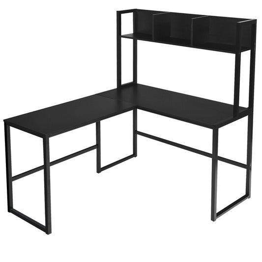 Industrial L-Shaped Desk Bookshelf 55 Inch Corner Computer Gaming Table, Black - Gallery Canada