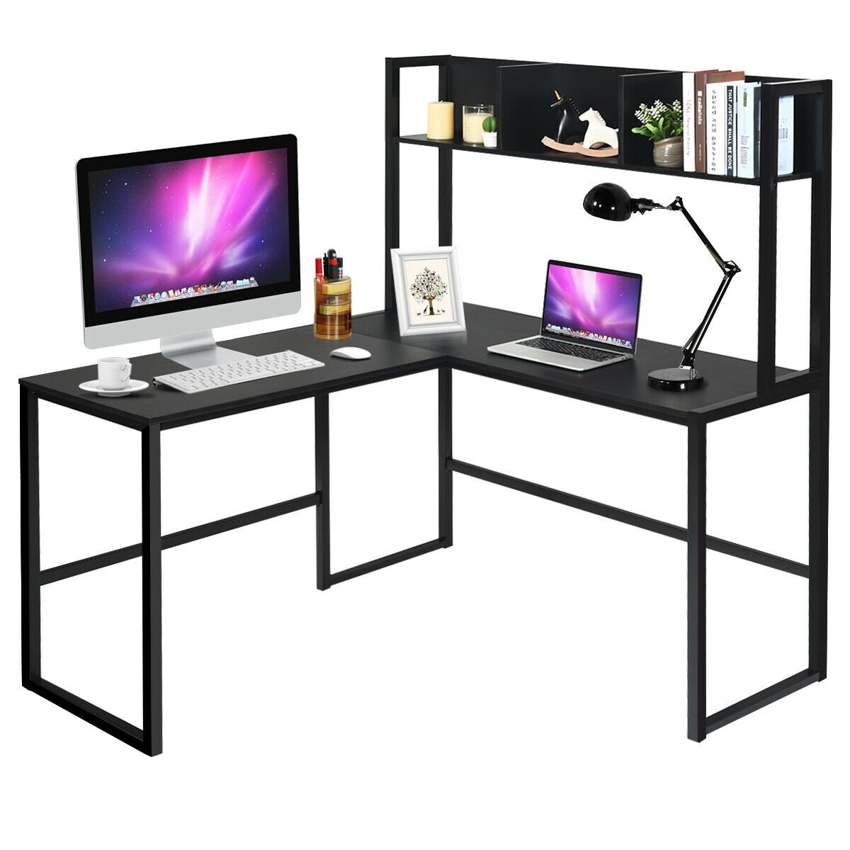 Industrial L-Shaped Desk Bookshelf 55 Inch Corner Computer Gaming Table, Black L-Shaped Desks   at Gallery Canada