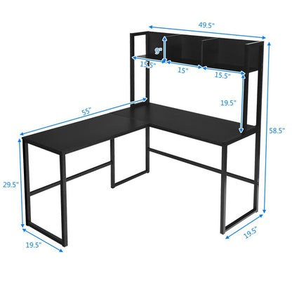 Industrial L-Shaped Desk Bookshelf 55 Inch Corner Computer Gaming Table, Black L-Shaped Desks   at Gallery Canada