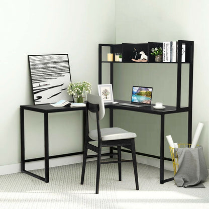 Industrial L-Shaped Desk Bookshelf 55 Inch Corner Computer Gaming Table, Black L-Shaped Desks   at Gallery Canada