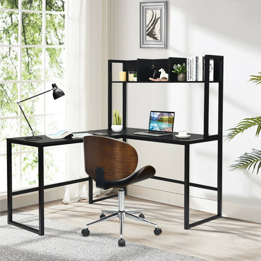 Industrial L-Shaped Desk Bookshelf 55 Inch Corner Computer Gaming Table, Black - Gallery Canada