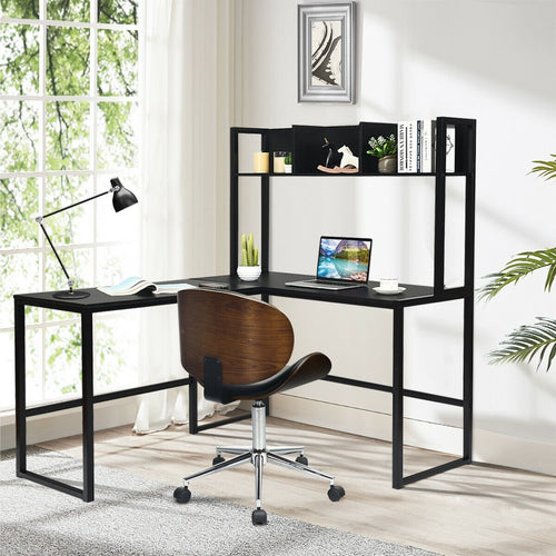 Industrial L-Shaped Desk Bookshelf 55 Inch Corner Computer Gaming Table, Black