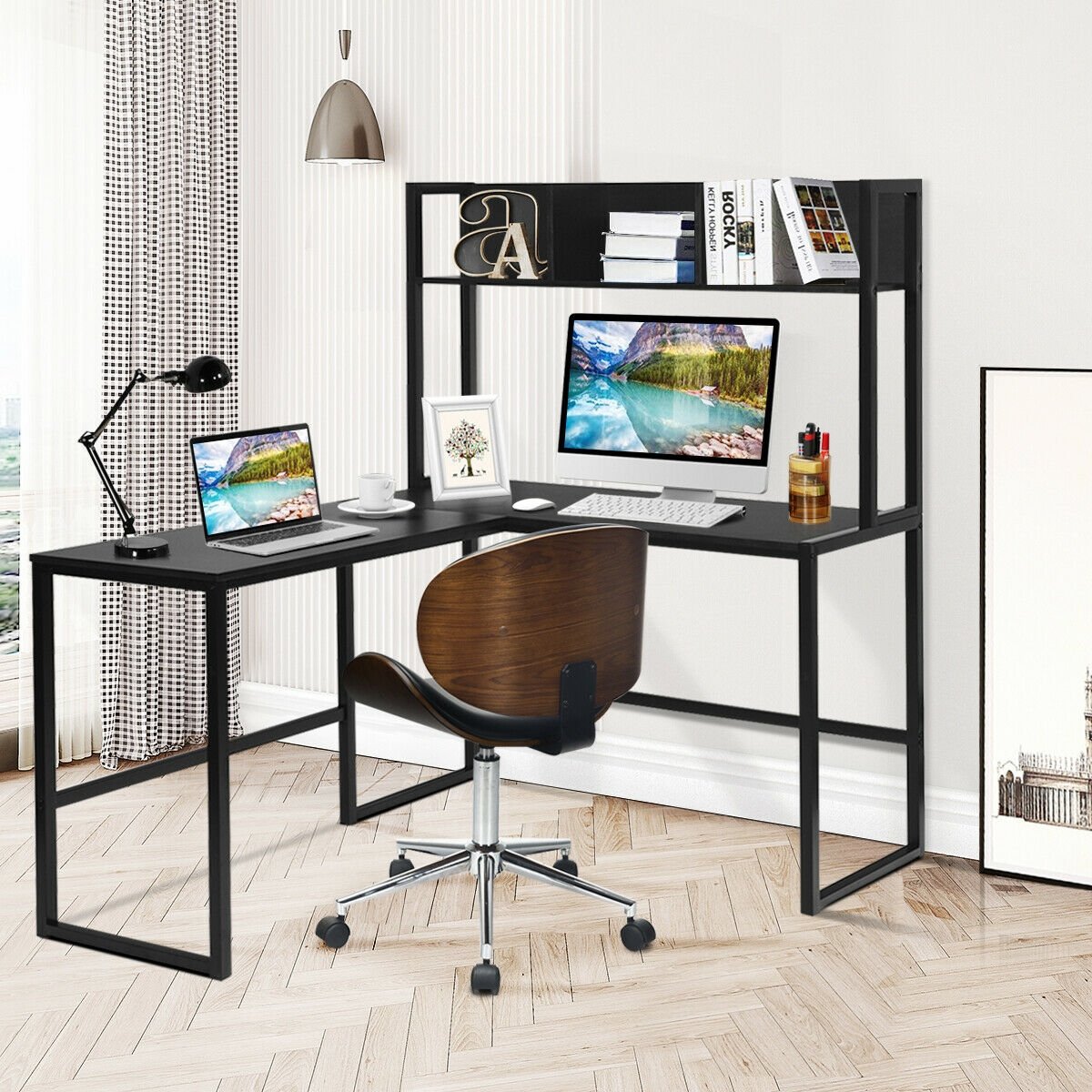 Industrial L-Shaped Desk Bookshelf 55 Inch Corner Computer Gaming Table, Black L-Shaped Desks   at Gallery Canada