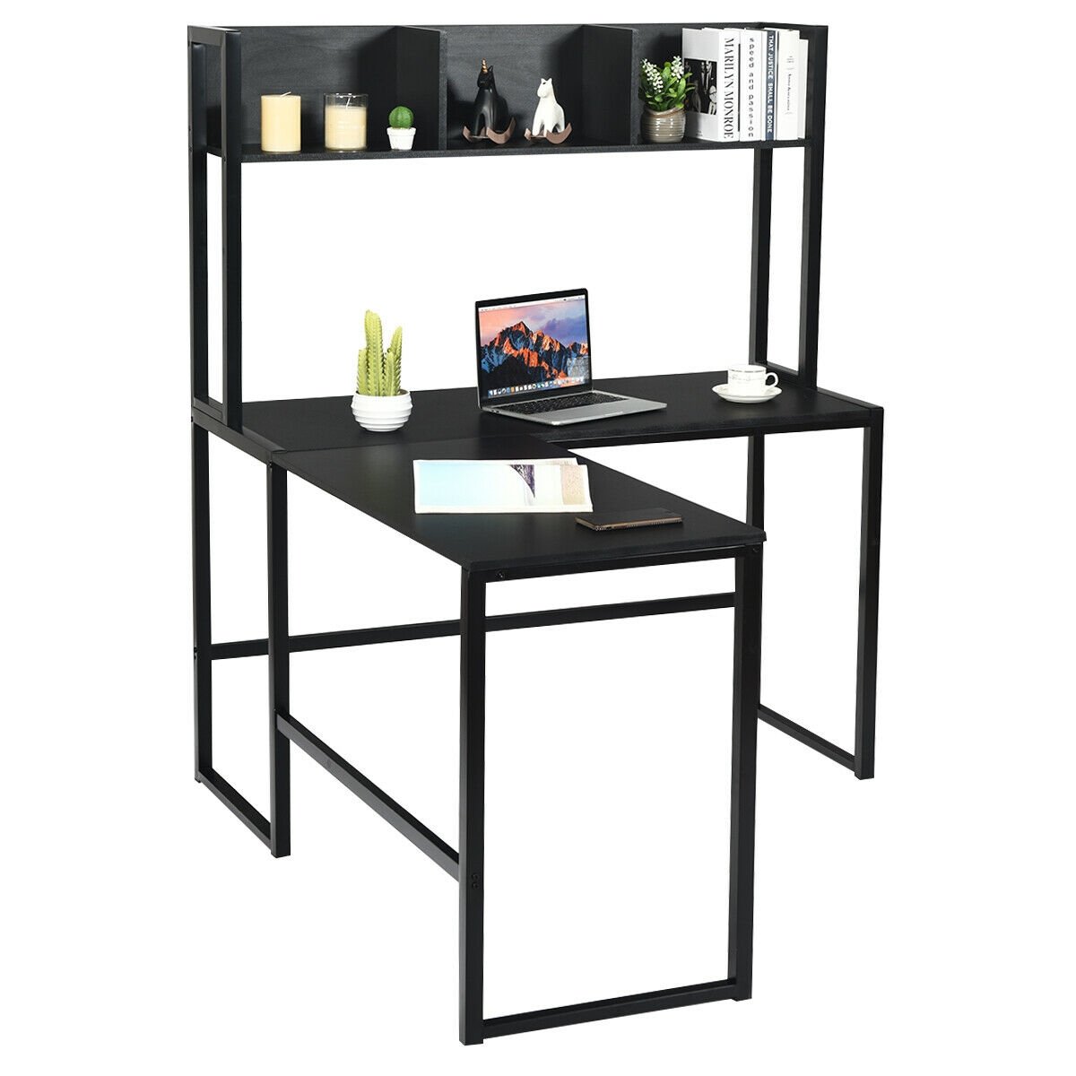 Industrial L-Shaped Desk Bookshelf 55 Inch Corner Computer Gaming Table, Black L-Shaped Desks   at Gallery Canada