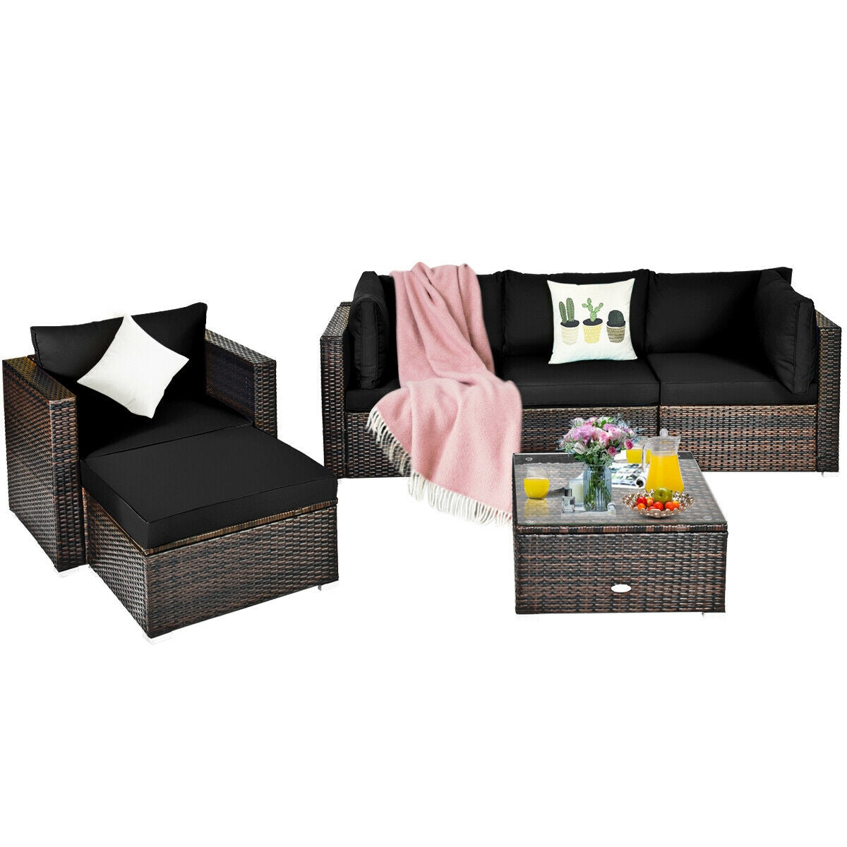 6 Pieces Patio Rattan Furniture Set with Sectional Cushion, Black Outdoor Sectionals   at Gallery Canada