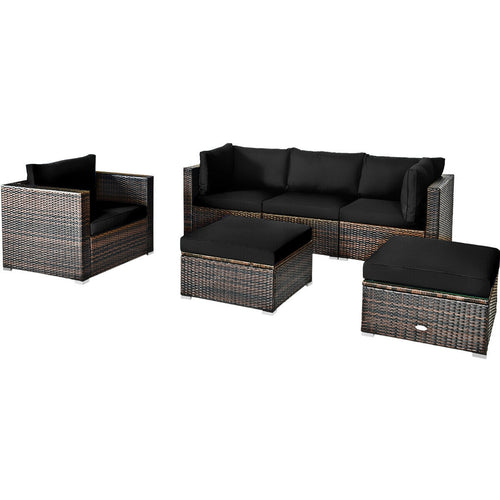 6 Pieces Patio Rattan Furniture Set with Sectional Cushion, Black