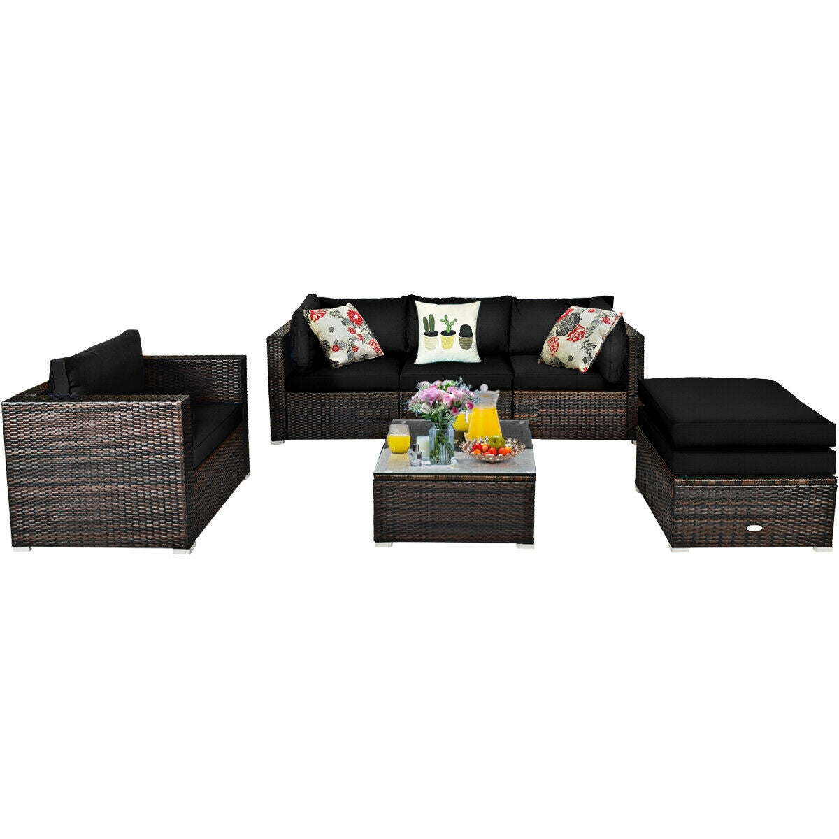 6 Pieces Patio Rattan Furniture Set with Sectional Cushion, Black Outdoor Sectionals   at Gallery Canada