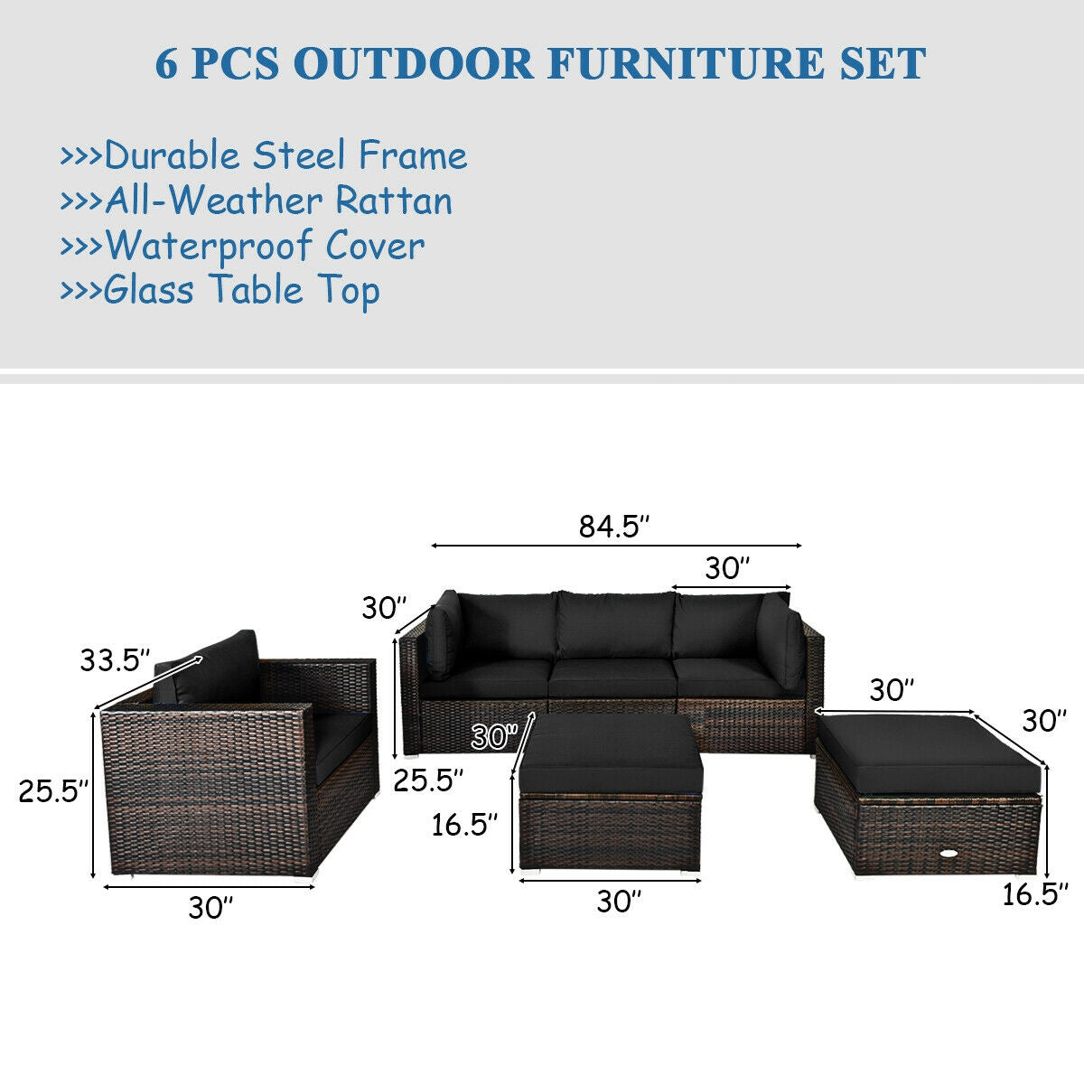 6 Pieces Patio Rattan Furniture Set with Sectional Cushion, Black Outdoor Sectionals   at Gallery Canada