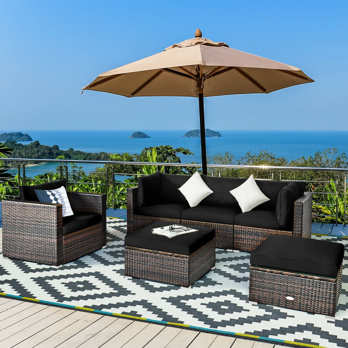 6 Pieces Patio Rattan Furniture Set with Sectional Cushion, Black Outdoor Sectionals   at Gallery Canada