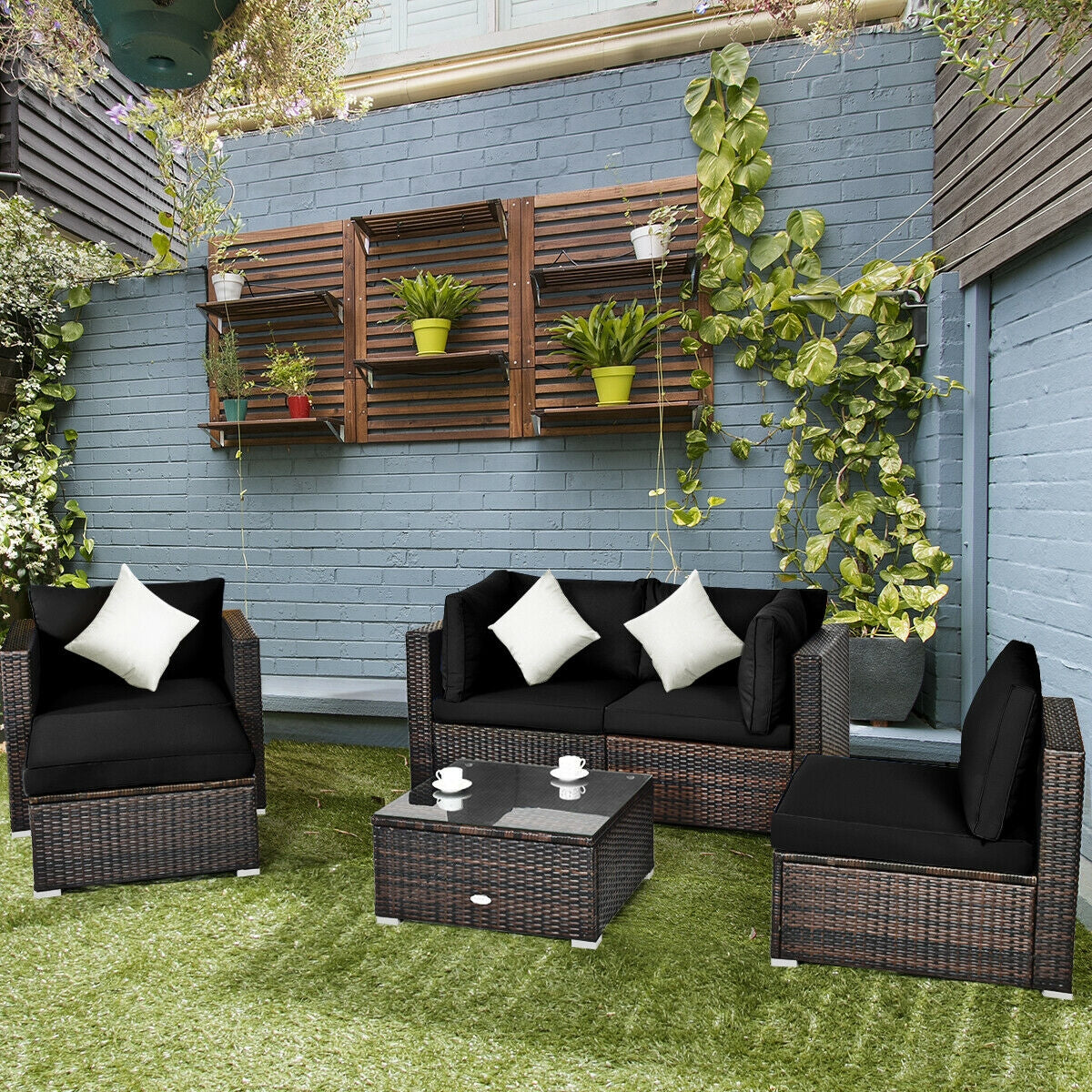 6 Pieces Patio Rattan Furniture Set with Sectional Cushion, Black Outdoor Sectionals   at Gallery Canada