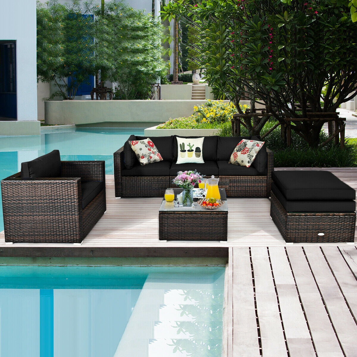 6 Pieces Patio Rattan Furniture Set with Sectional Cushion, Black Outdoor Sectionals   at Gallery Canada