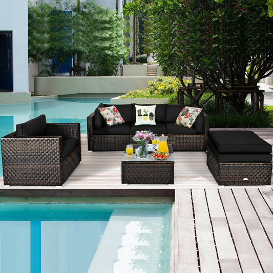 6 Pieces Patio Rattan Furniture Set with Sectional Cushion, Black Outdoor Sectionals Black  at Gallery Canada