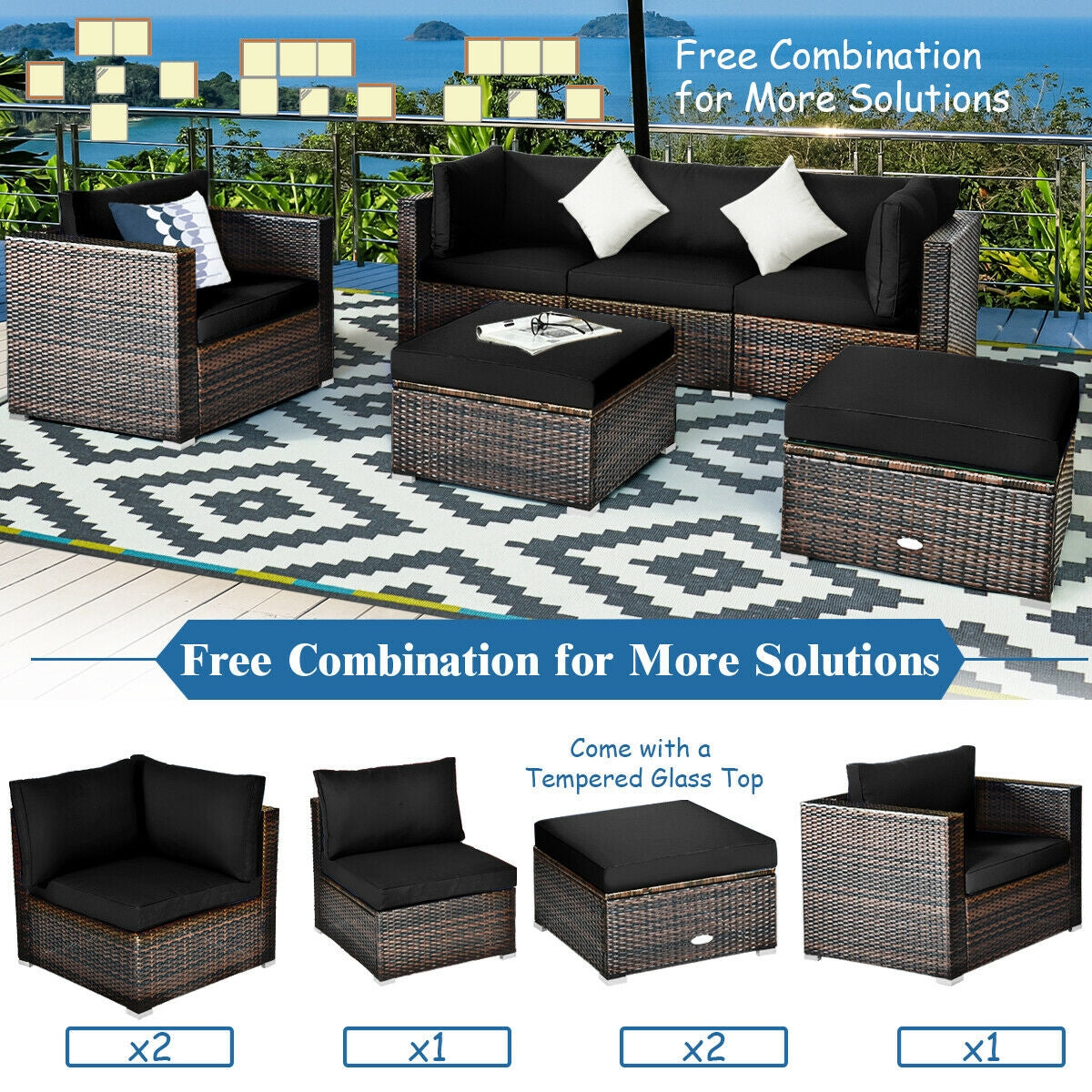 6 Pieces Patio Rattan Furniture Set with Sectional Cushion, Black Outdoor Sectionals   at Gallery Canada