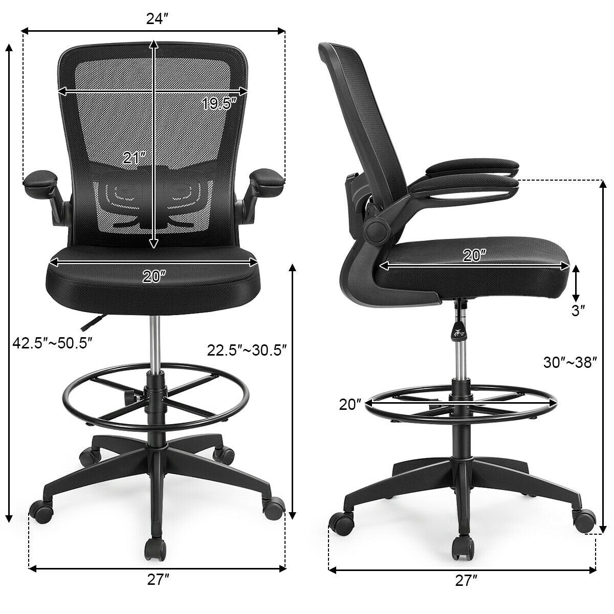 Height Adjustable Drafting Chair with Flip Up Arms, Black - Gallery Canada