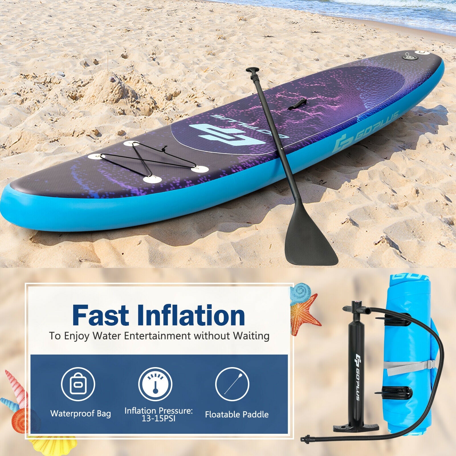 11 Feet Inflatable Stand Up Paddle Board Surfboard with Bag Aluminum Paddle Pump-L, Blue Surfing   at Gallery Canada