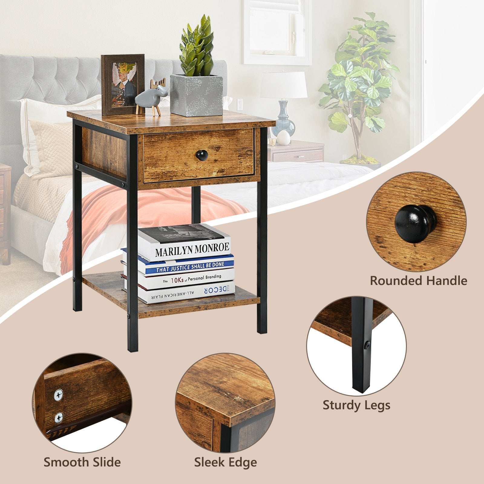 Industrial End Side Table Nightstand with Drawer Shelf, Rustic Brown Nightstands   at Gallery Canada