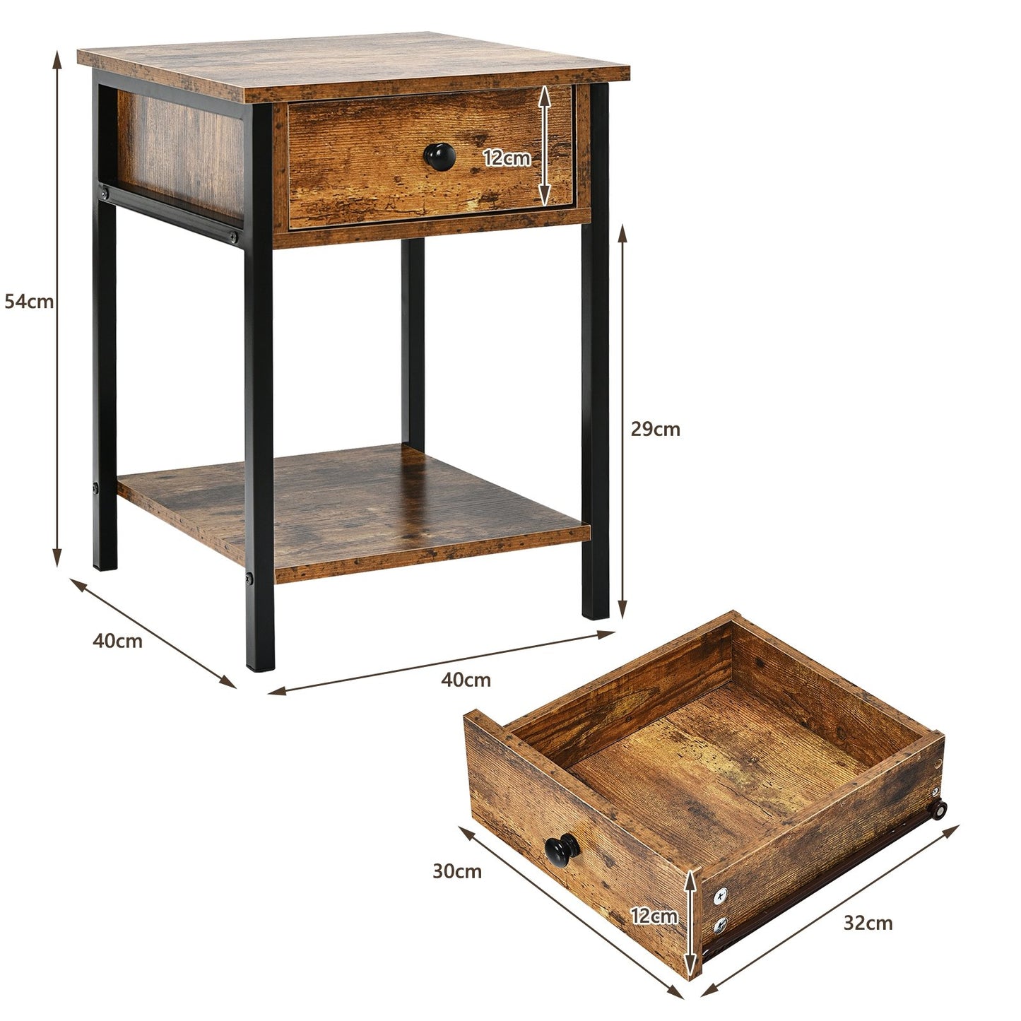 Industrial End Side Table Nightstand with Drawer Shelf, Rustic Brown Nightstands   at Gallery Canada