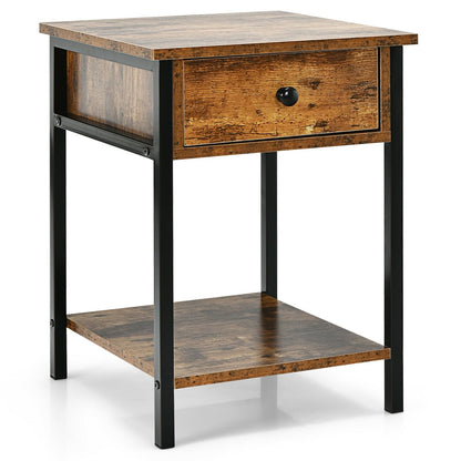 Industrial End Side Table Nightstand with Drawer Shelf, Rustic Brown - Gallery Canada