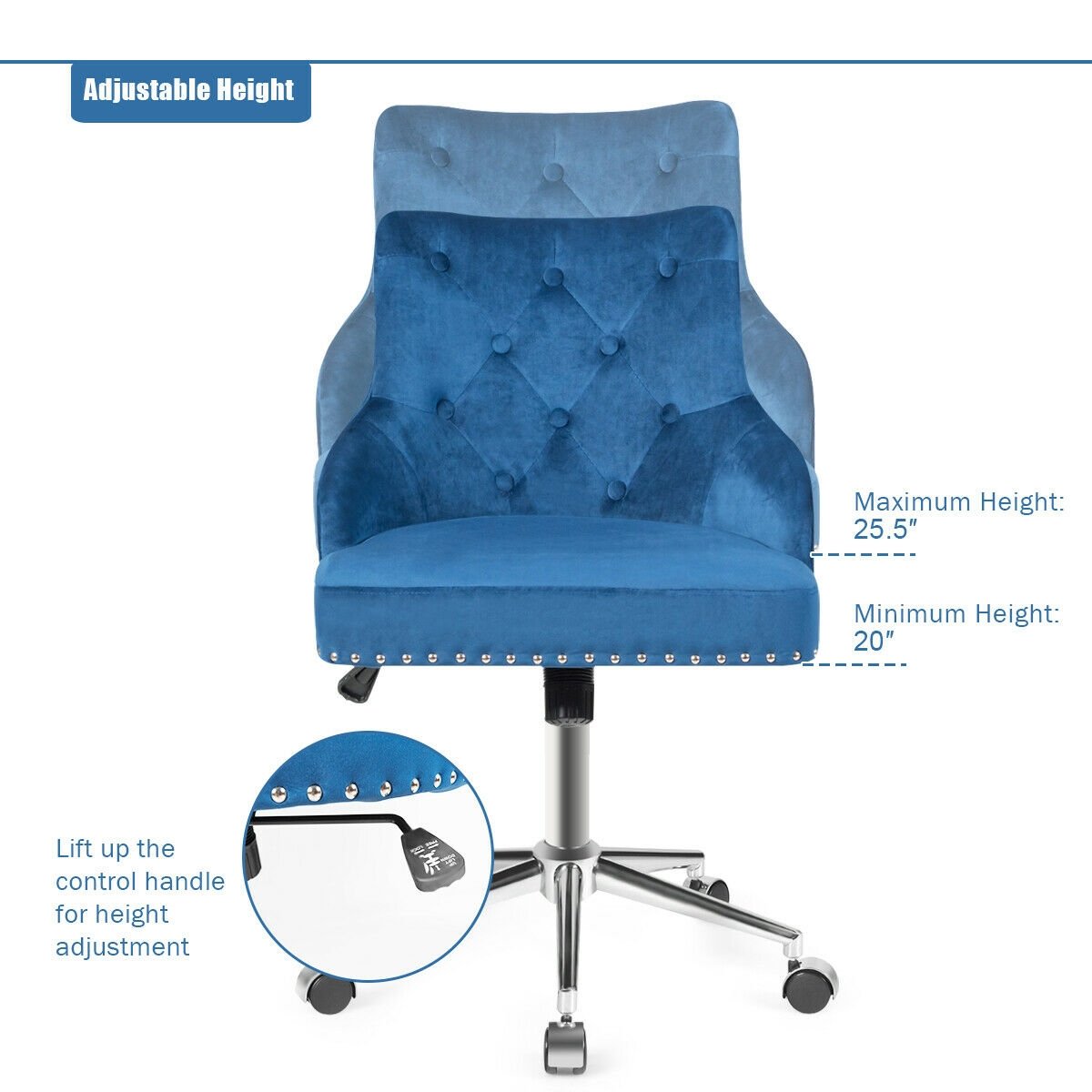 Tufted Upholstered Swivel Computer Desk Chair with Nailed Tri, Blue - Gallery Canada