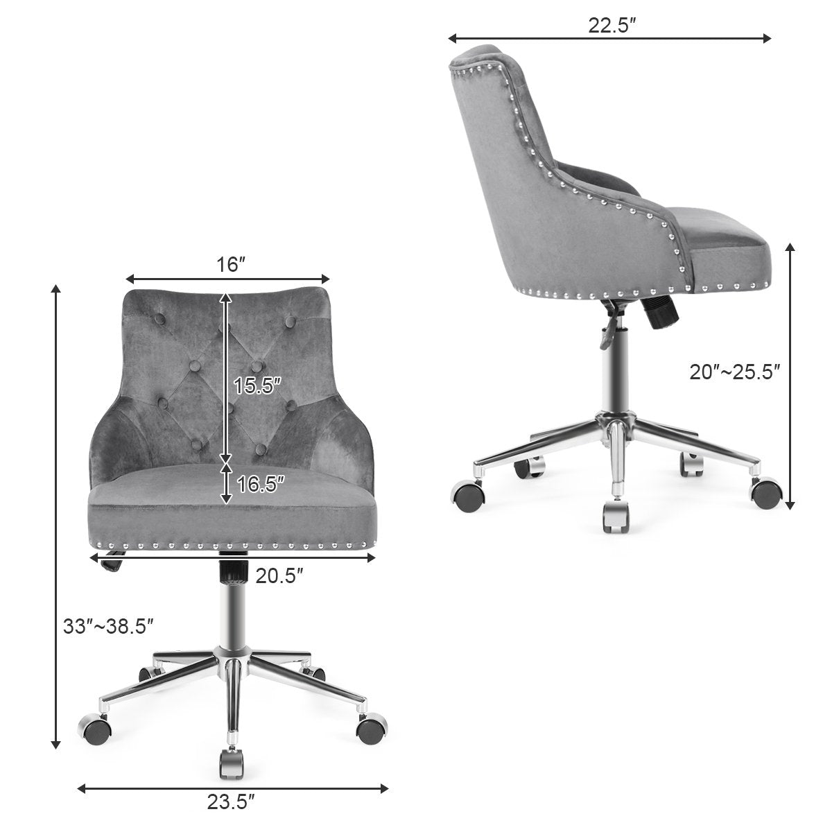 Tufted Upholstered Swivel Computer Desk Chair with Nailed Tri, Gray Leisure Chairs   at Gallery Canada