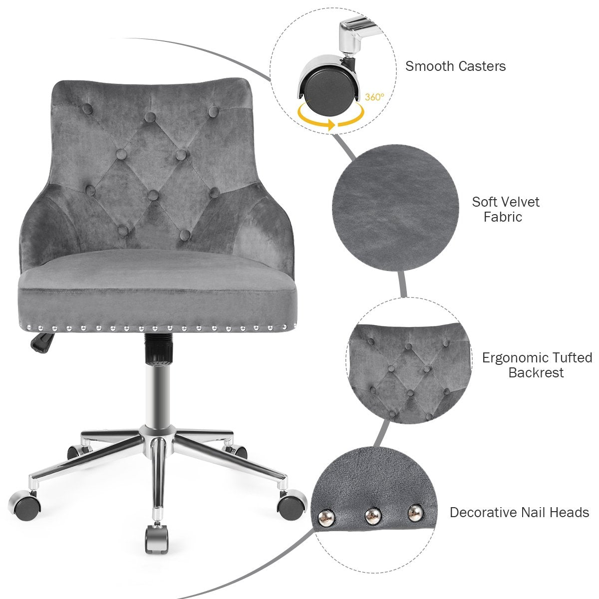 Tufted Upholstered Swivel Computer Desk Chair with Nailed Tri, Gray Leisure Chairs   at Gallery Canada