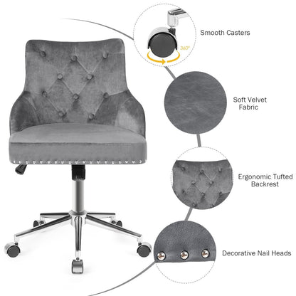 Tufted Upholstered Swivel Computer Desk Chair with Nailed Tri, Gray Leisure Chairs   at Gallery Canada