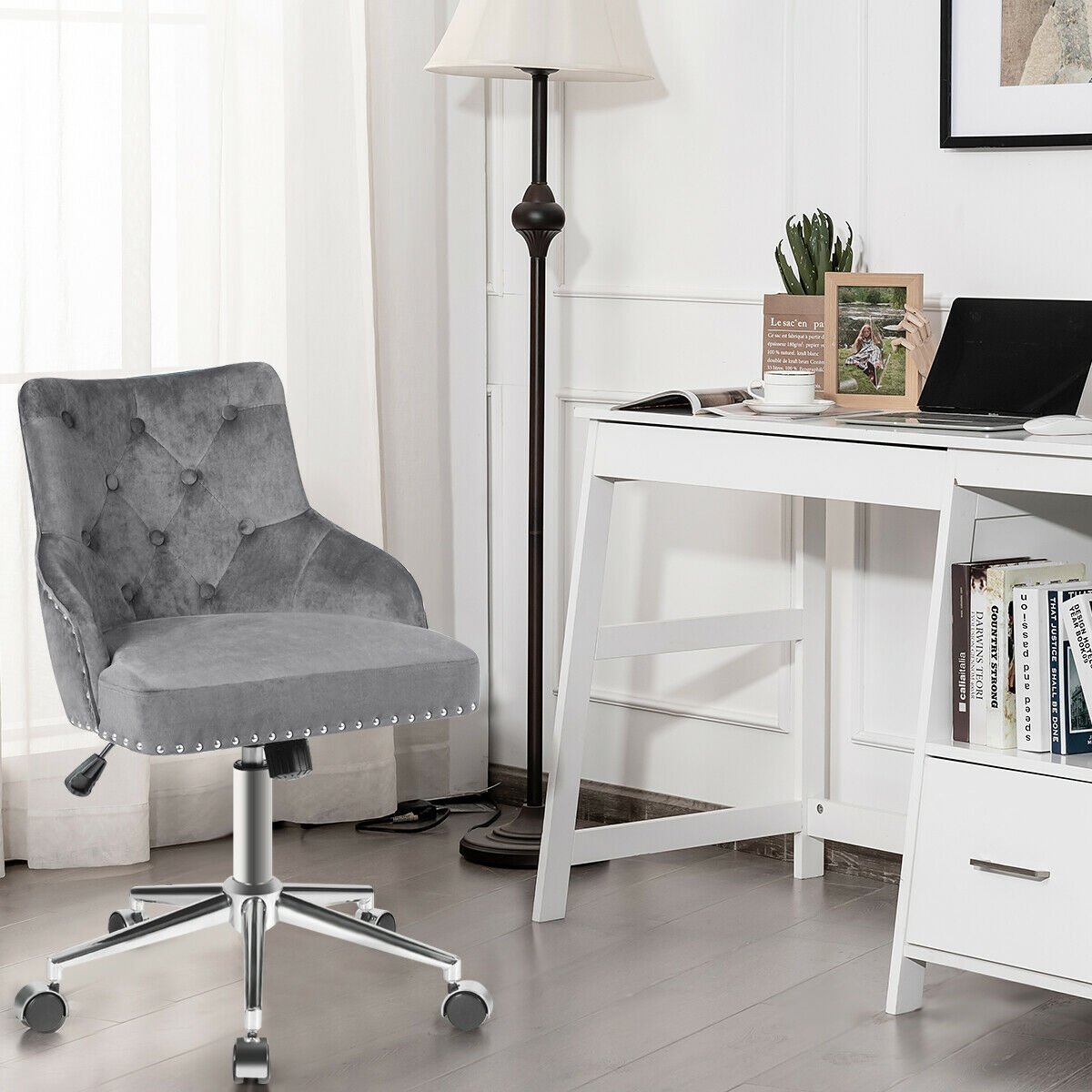 Tufted Upholstered Swivel Computer Desk Chair with Nailed Tri, Gray Leisure Chairs   at Gallery Canada